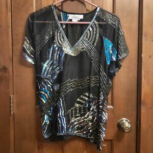 Argenti Pure Silk Sheer Black top with Sparkly Sequins & Bugle Beads Vintage M